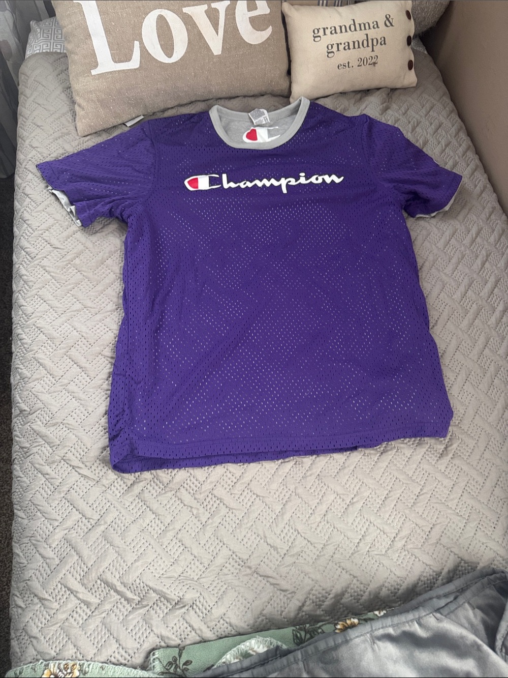 Champion Purple Mesh Logo Tee with Gray Trim and Red Accent
